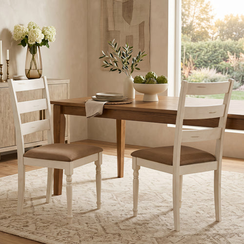 Rubber Wood Dining Chairs Set of 2, Linen Seat, White