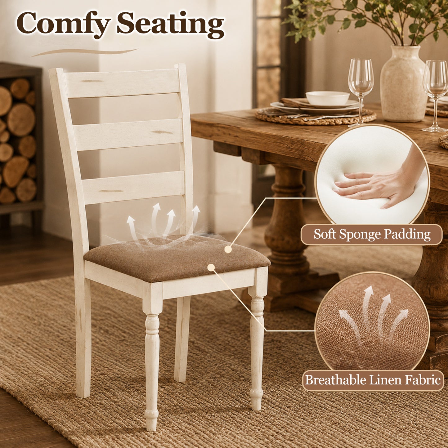 Rubber Wood Dining Chairs Set of 2, Linen Seat, White