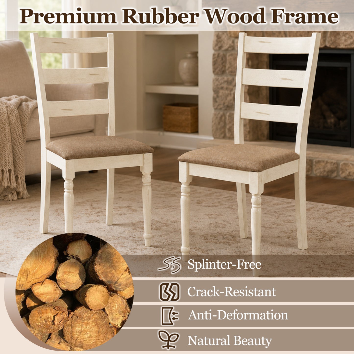 Rubber Wood Dining Chairs Set of 2, Linen Seat, White
