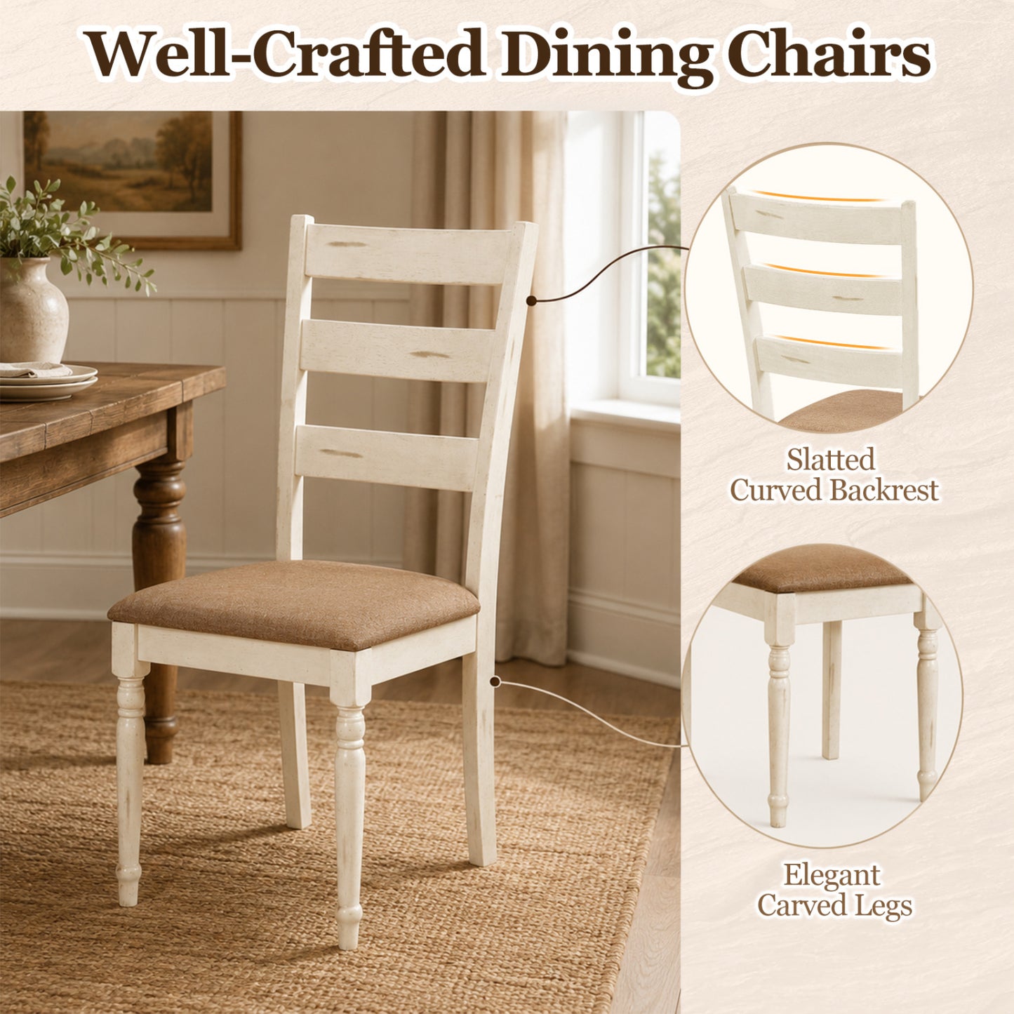 Rubber Wood Dining Chairs Set of 2, Linen Seat, White