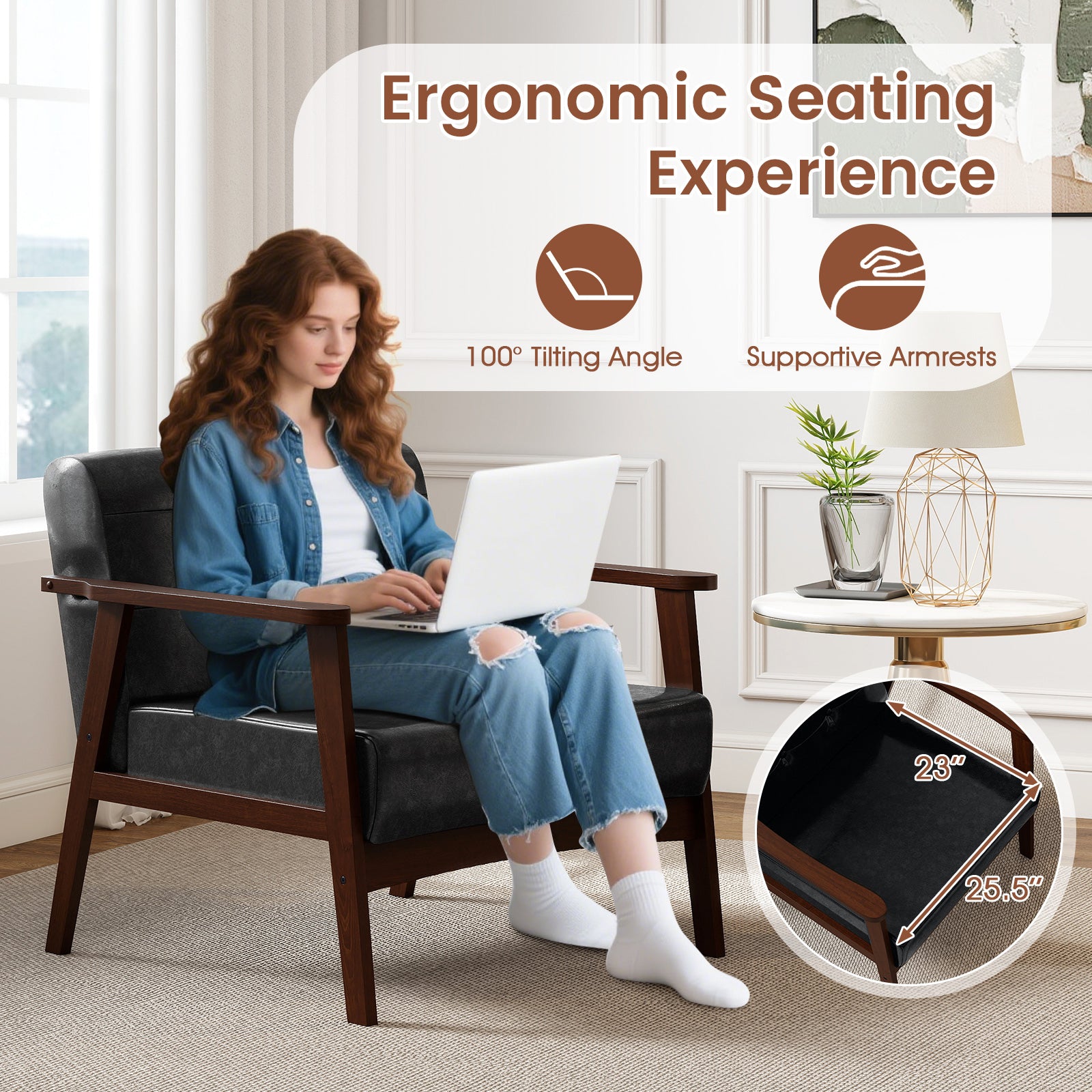 Rubber Wood Frame Accent Chair with Armrest for Living Room, Black Accent Chairs at Gallery Canada