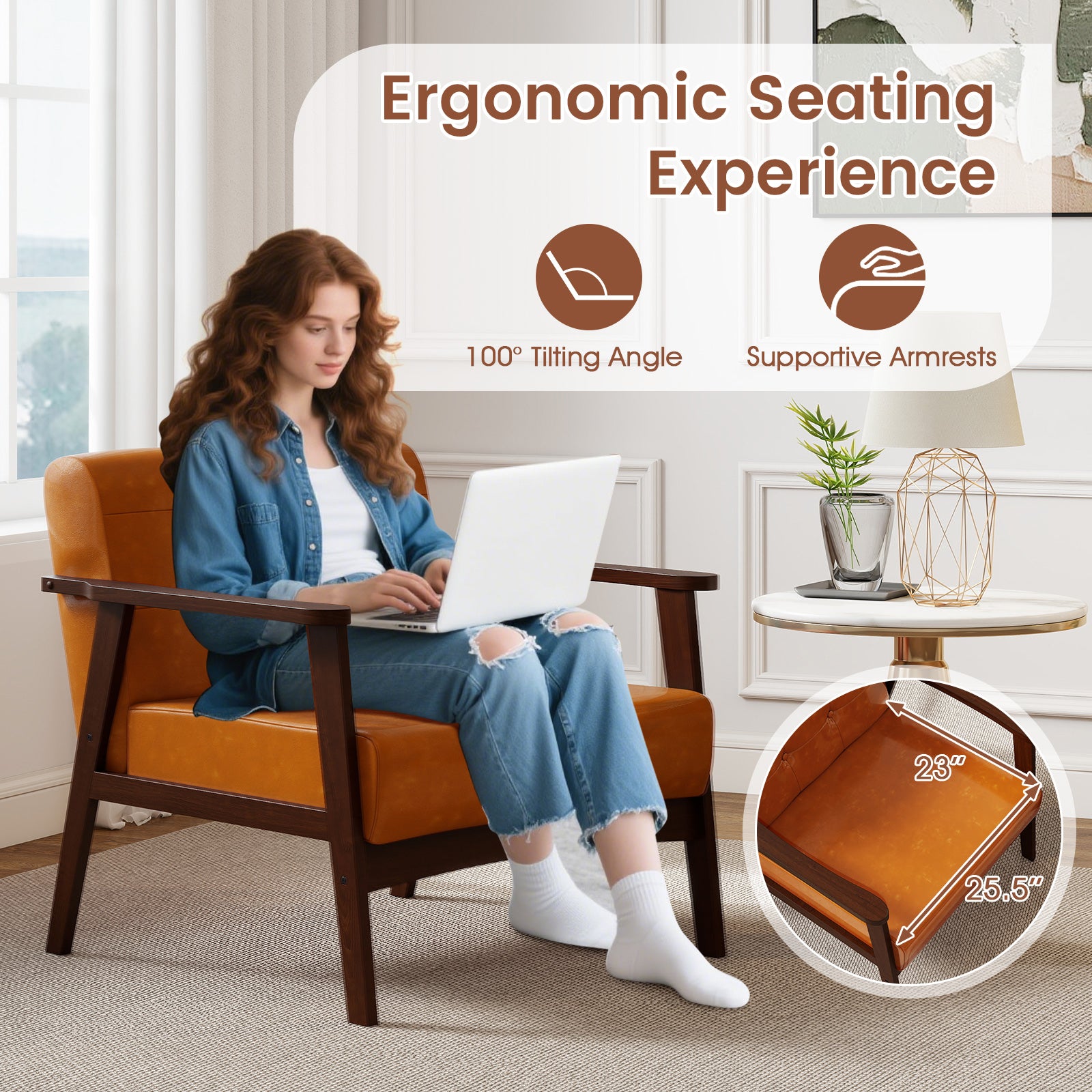 Rubber Wood Frame Accent Chair with Armrest for Living Room, Walnut Accent Chairs at Gallery Canada