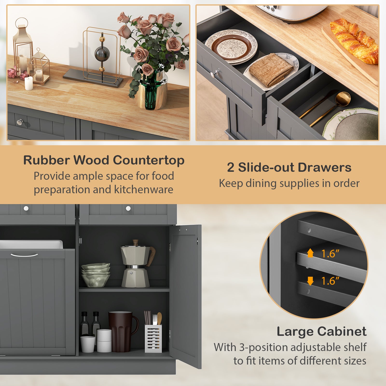 Rubber Wood Kitchen Trash Cabinet, Single Can Holder, Adjustable Shelf, Gray Sideboards Cabinets & Buffets at Gallery Canada