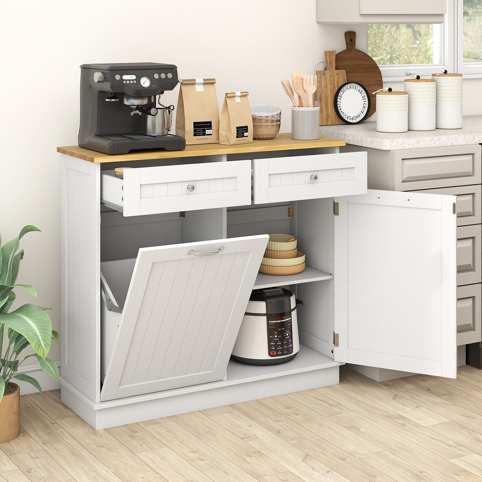 Rubber Wood Kitchen Trash Cabinet with Single Trash Can Holder and Adjustable Shelf, White Sideboards Cabinets & Buffets at Gallery Canada