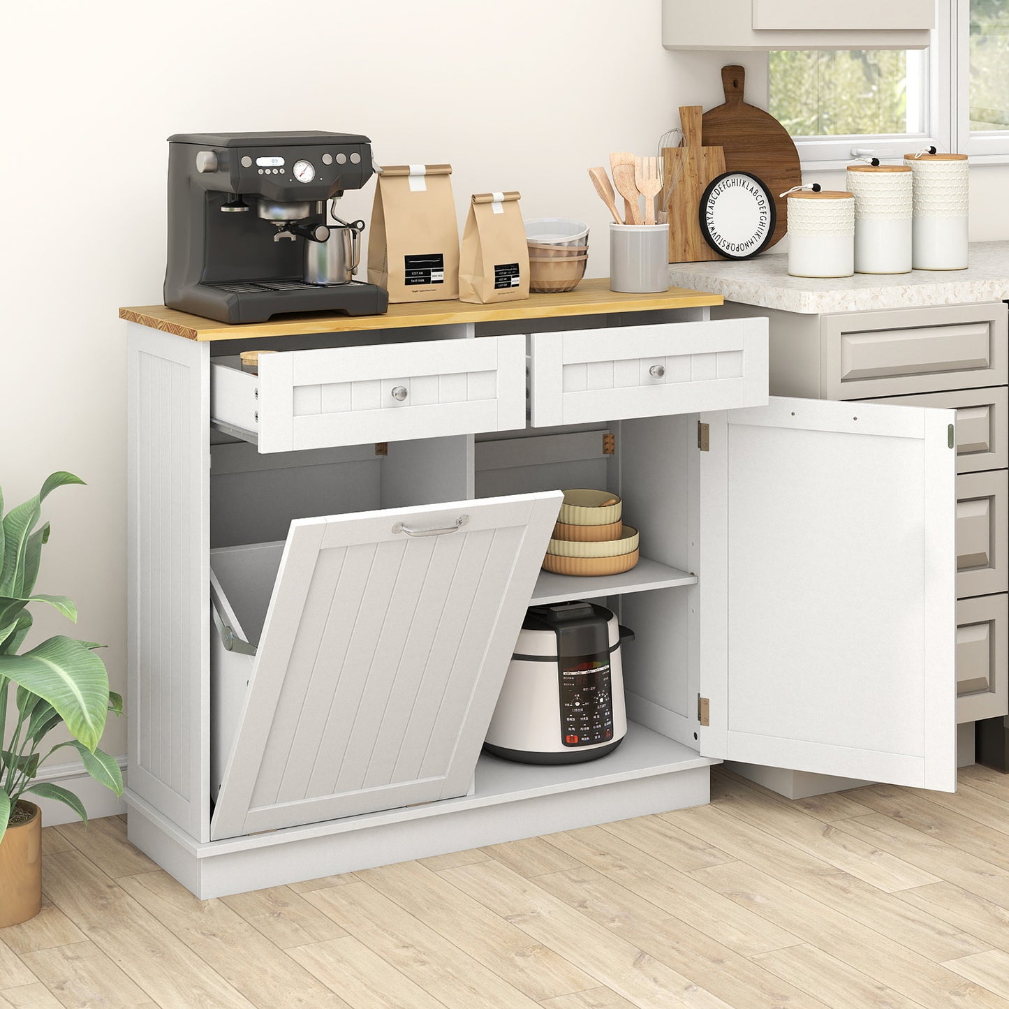 Rubber Wood Kitchen Trash Cabinet with Single Trash Can Holder and Adjustable Shelf, White Sideboards Cabinets & Buffets at Gallery Canada