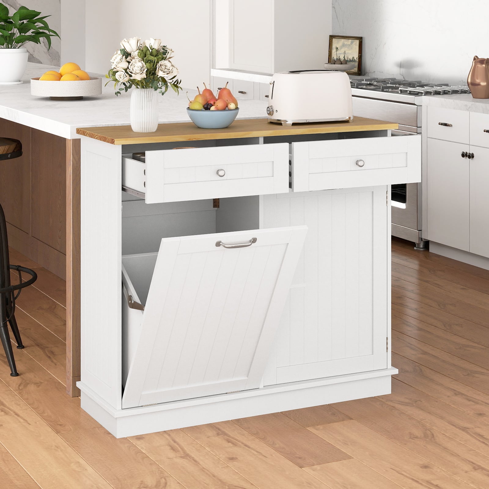 Rubber Wood Kitchen Trash Cabinet with Single Trash Can Holder and Adjustable Shelf, White Sideboards Cabinets & Buffets at Gallery Canada