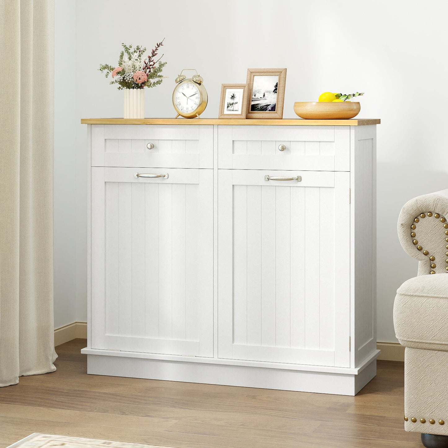 Rubber Wood Kitchen Trash Cabinet with Single Trash Can Holder and Adjustable Shelf, White Sideboards Cabinets & Buffets at Gallery Canada