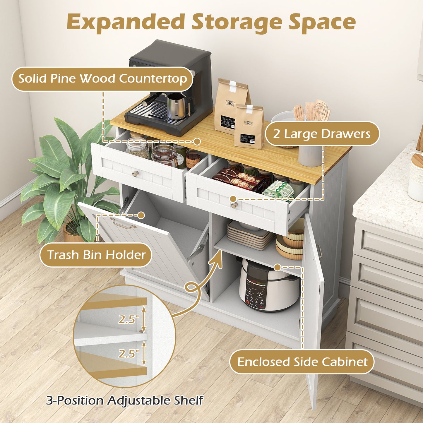 Rubber Wood Kitchen Trash Cabinet with Single Trash Can Holder and Adjustable Shelf, White Sideboards Cabinets & Buffets at Gallery Canada