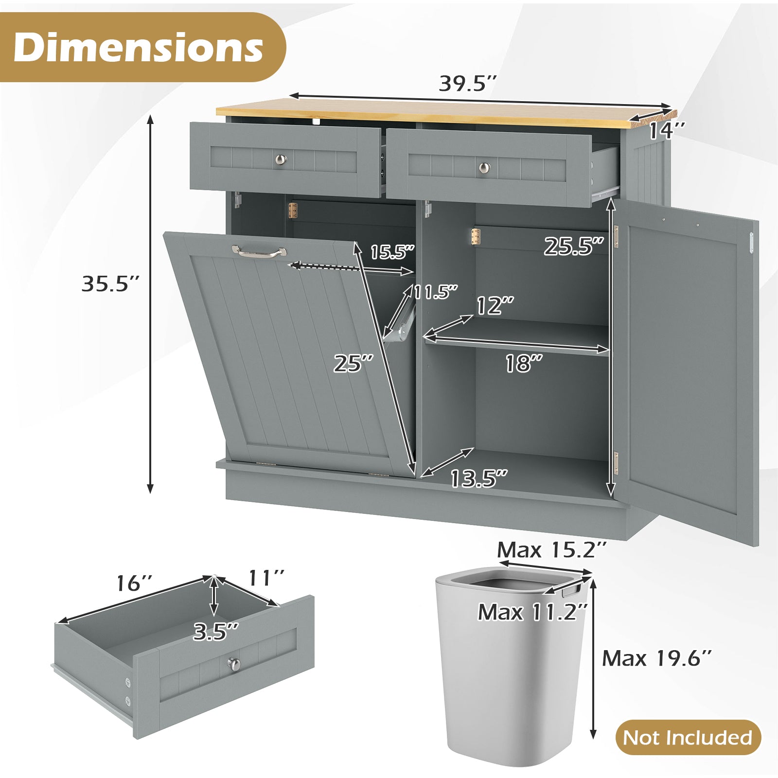 Rubber Wood Kitchen Trash Cabinet, Single Can Holder, Adjustable Shelf, Gray Sideboards Cabinets & Buffets at Gallery Canada