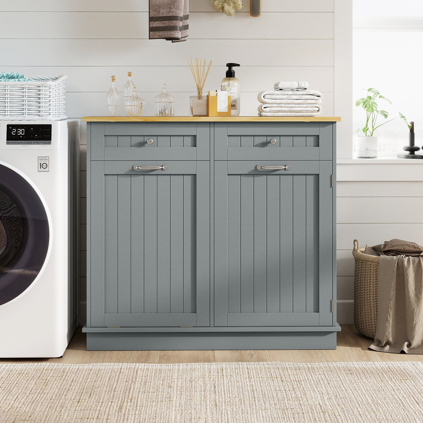 Rubber Wood Kitchen Trash Cabinet, Single Can Holder, Adjustable Shelf, Gray Sideboards Cabinets & Buffets at Gallery Canada