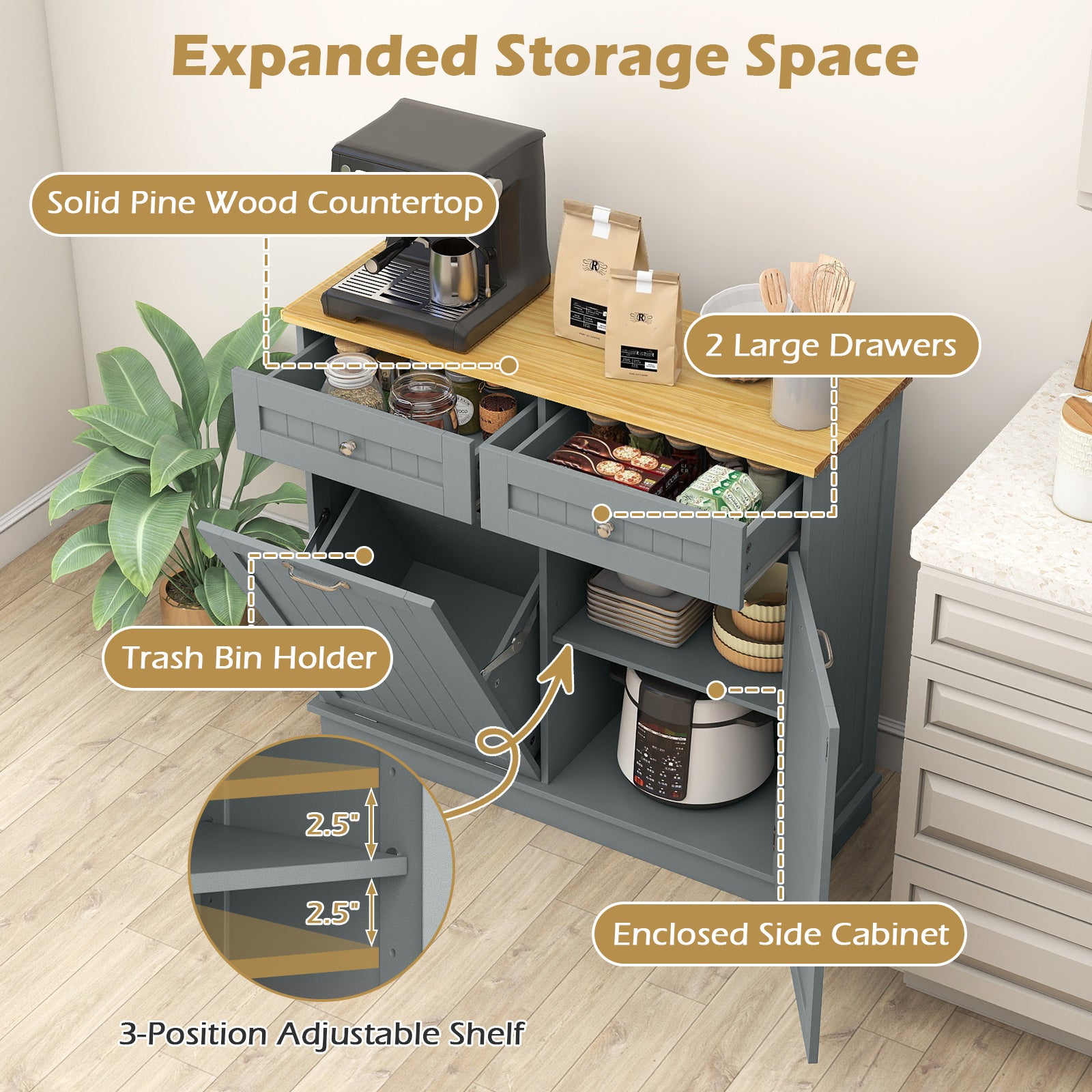 Rubber Wood Kitchen Trash Cabinet, Single Can Holder, Adjustable Shelf, Gray Sideboards Cabinets & Buffets at Gallery Canada