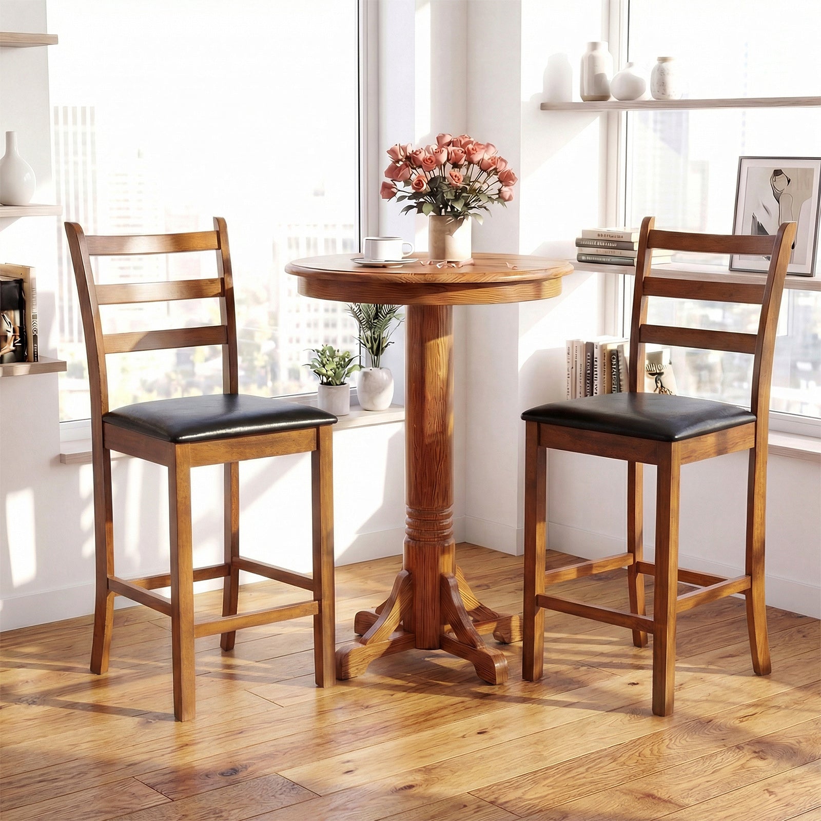 Rubber Wood Ladder Back Bar Stools, 24 Inch, Set of 2, Walnut Bar Stools at Gallery Canada