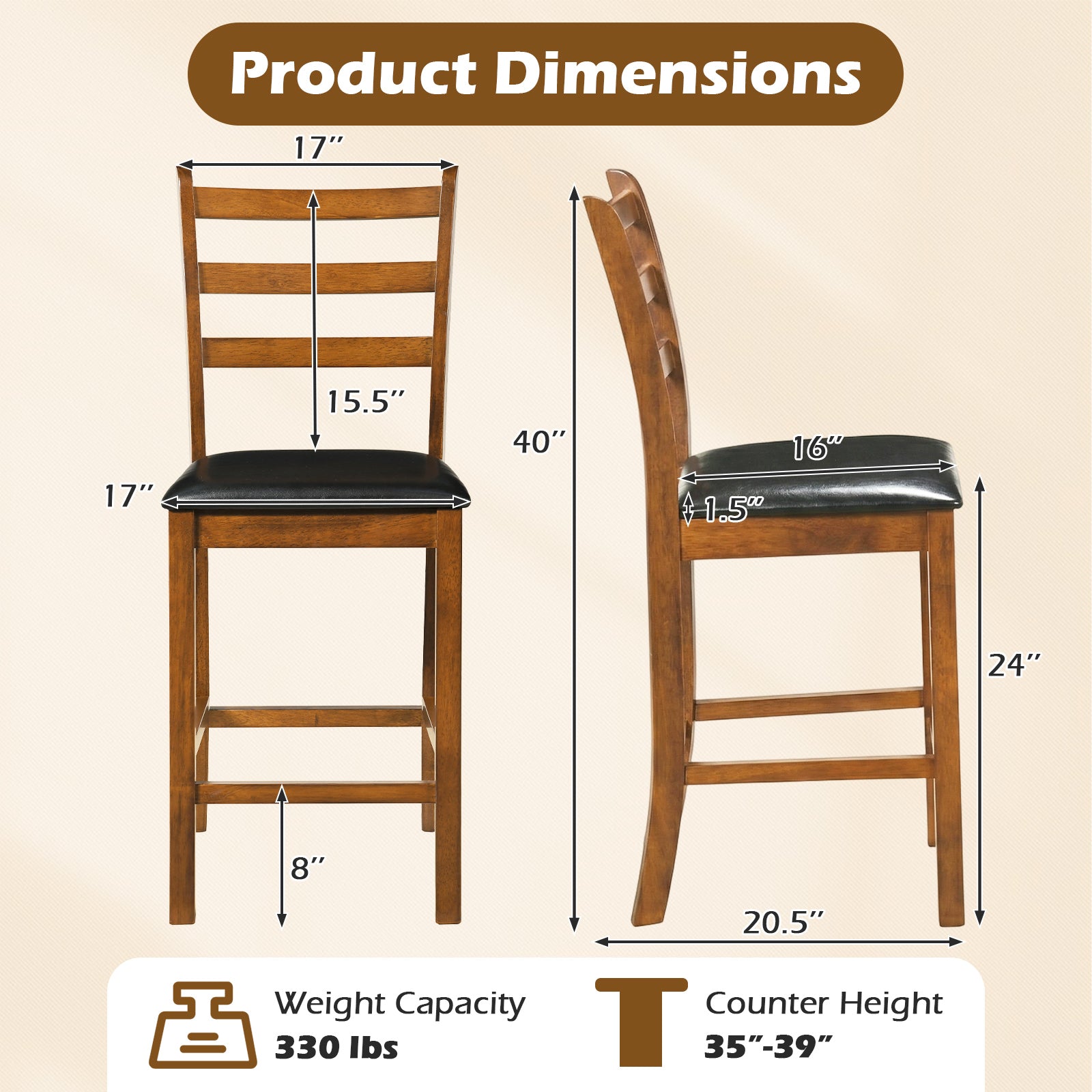 Rubber Wood Ladder Back Bar Stools, 24 Inch, Set of 2, Walnut Bar Stools at Gallery Canada