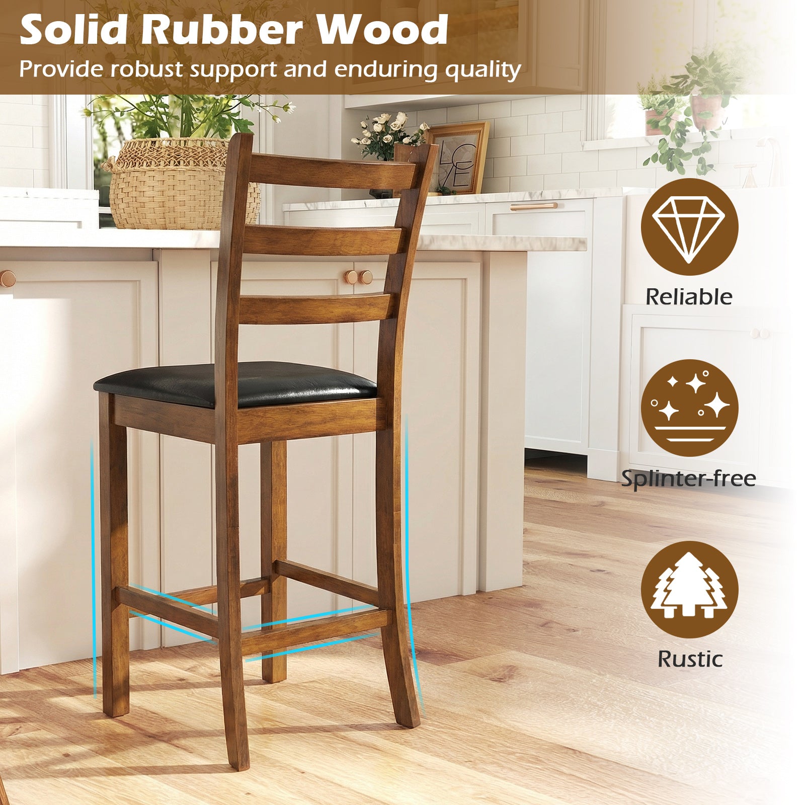 Rubber Wood Ladder Back Bar Stools, 24 Inch, Set of 2, Walnut Bar Stools at Gallery Canada