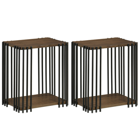 Rubber Wood Side Table Set of 2 with 2-Layer Storage Shelves and Metal Frame, Walnut End & Side Tables Walnut at Gallery Canada