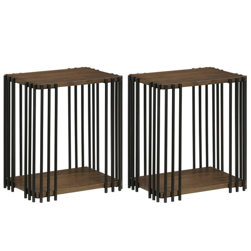 Rubber Wood Side Table Set of 2 with 2-Layer Storage Shelves and Metal Frame, Walnut