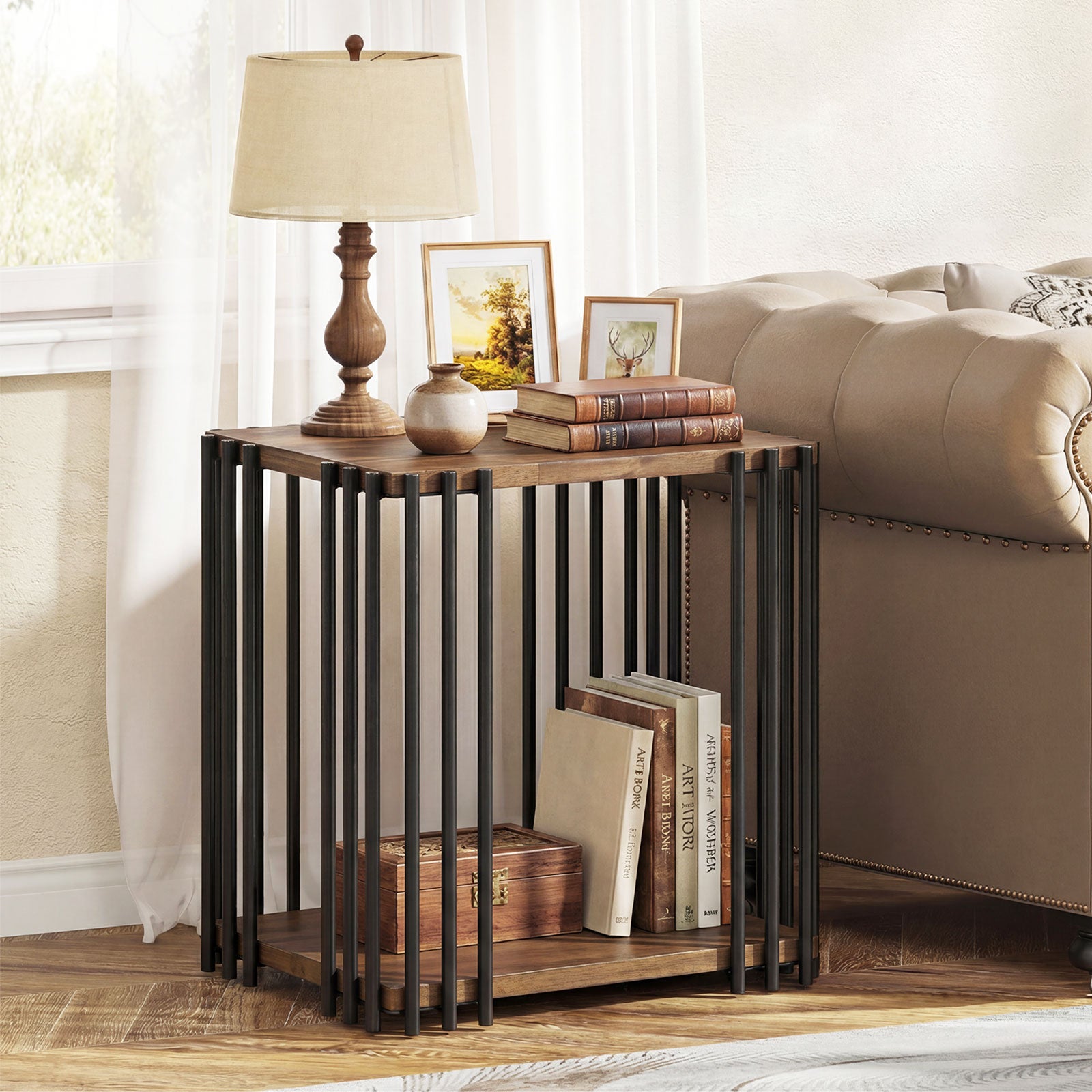 Rubber Wood Side Table with 2-Layer Storage Shelves and Metal Frame, Walnut End & Side Tables at Gallery Canada