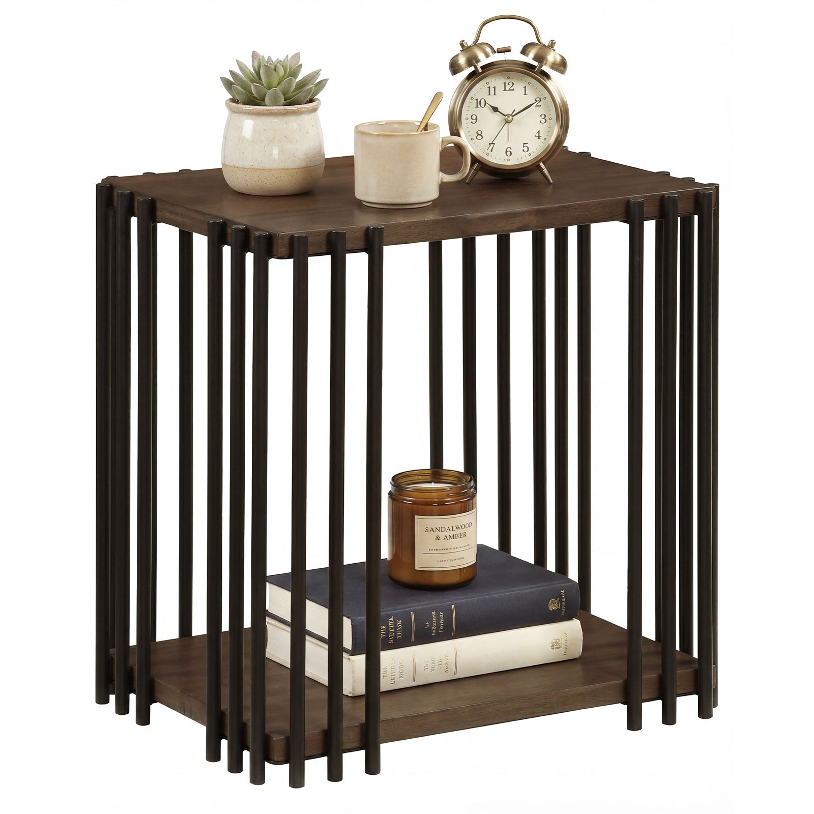 Rubber Wood Side Table with 2-Layer Storage Shelves and Metal Frame, Walnut End & Side Tables at Gallery Canada