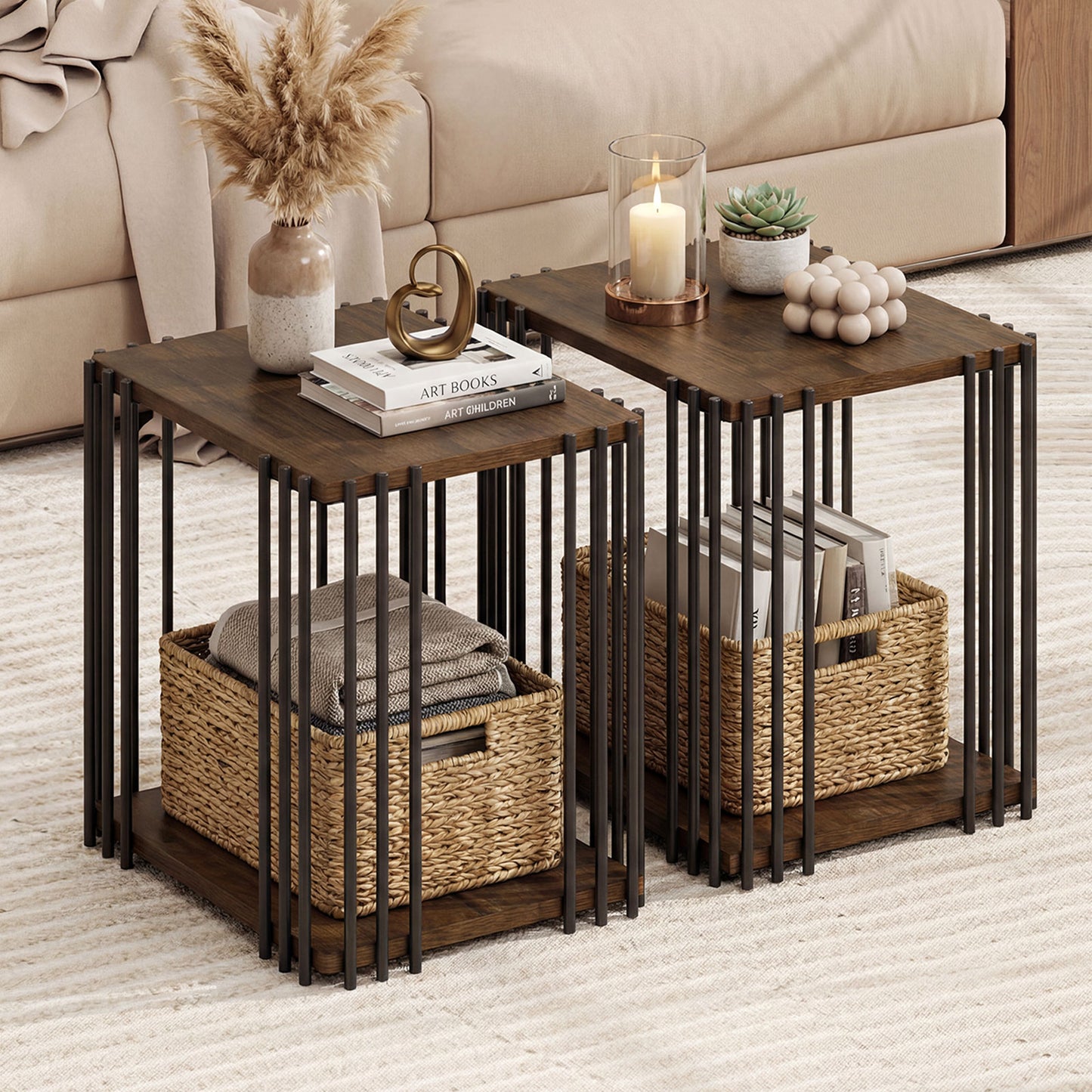 Rubber Wood Side Table Set of 2 with 2-Layer Storage Shelves and Metal Frame, Walnut End & Side Tables at Gallery Canada
