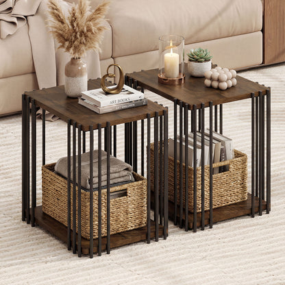 Rubber Wood Side Table Set of 2 with 2-Layer Storage Shelves and Metal Frame, Walnut End & Side Tables at Gallery Canada