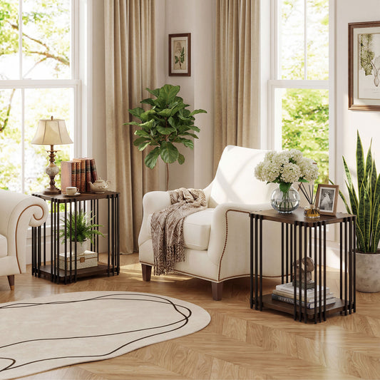 Rubber Wood Side Table Set of 2 with 2-Layer Storage Shelves and Metal Frame, Walnut End & Side Tables Walnut at Gallery Canada