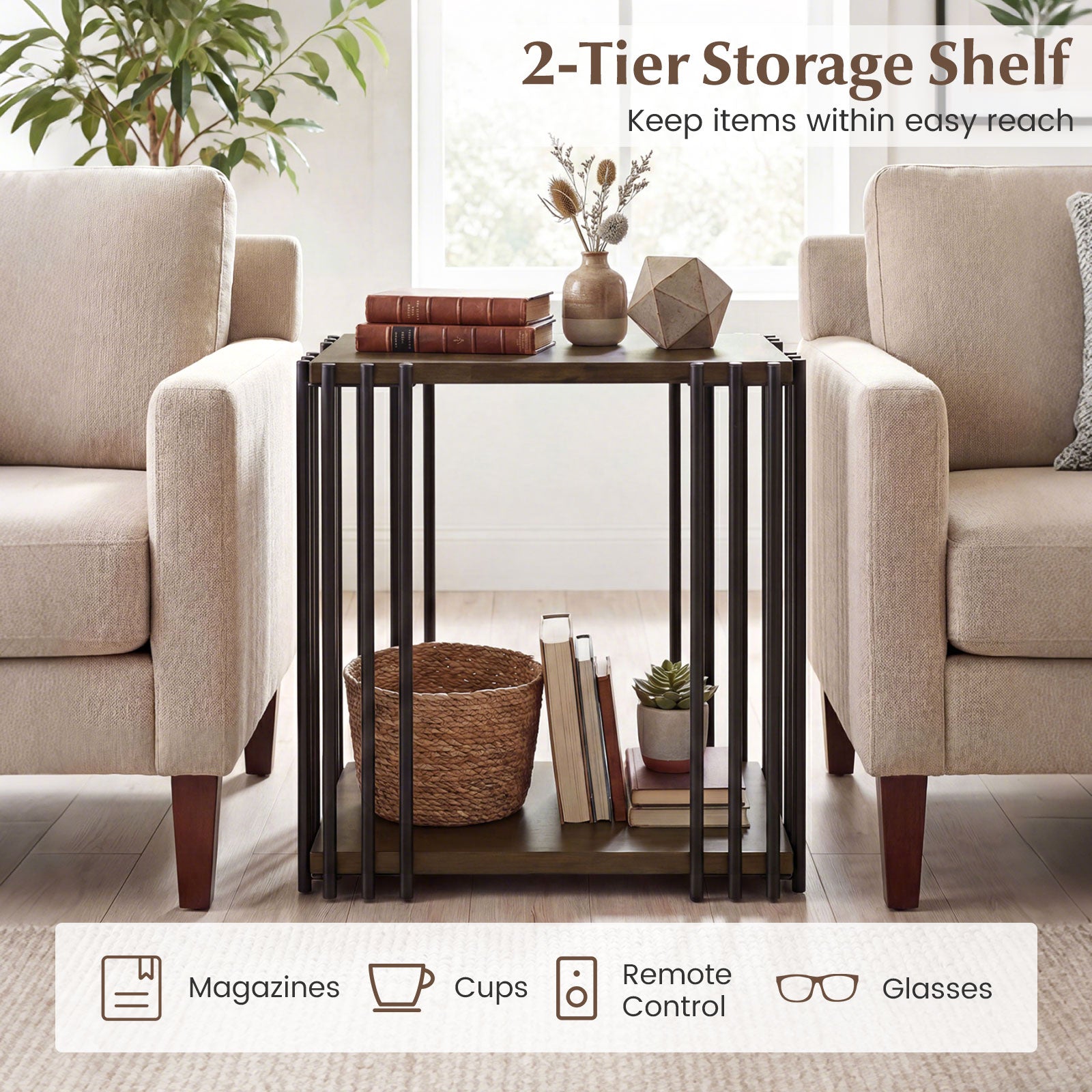 Rubber Wood Side Table Set of 2 with 2-Layer Storage Shelves and Metal Frame, Walnut End & Side Tables at Gallery Canada