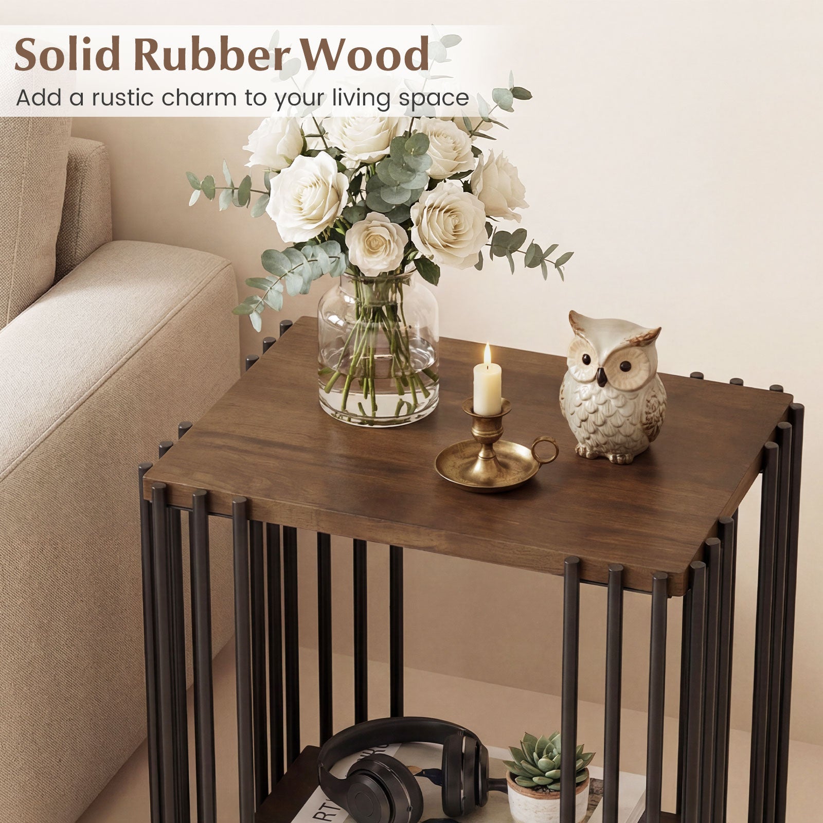 Rubber Wood Side Table Set of 2 with 2-Layer Storage Shelves and Metal Frame, Walnut End & Side Tables at Gallery Canada