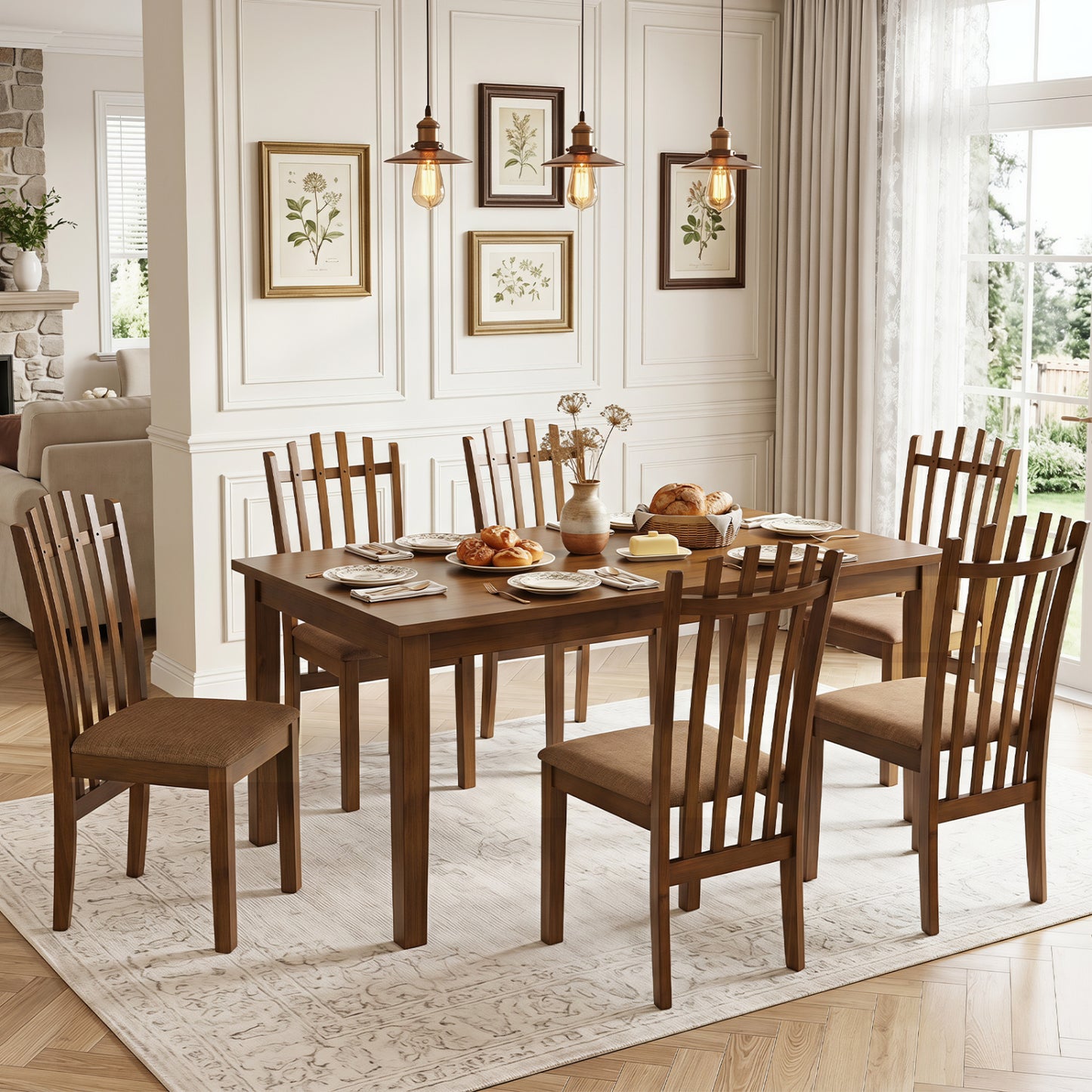 Rubber Wood Slat Back Dining Chairs Set of 4, Brown