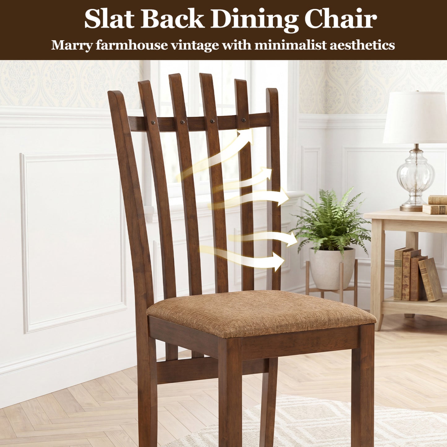 Rubber Wood Slat Back Dining Chairs Set of 4, Brown