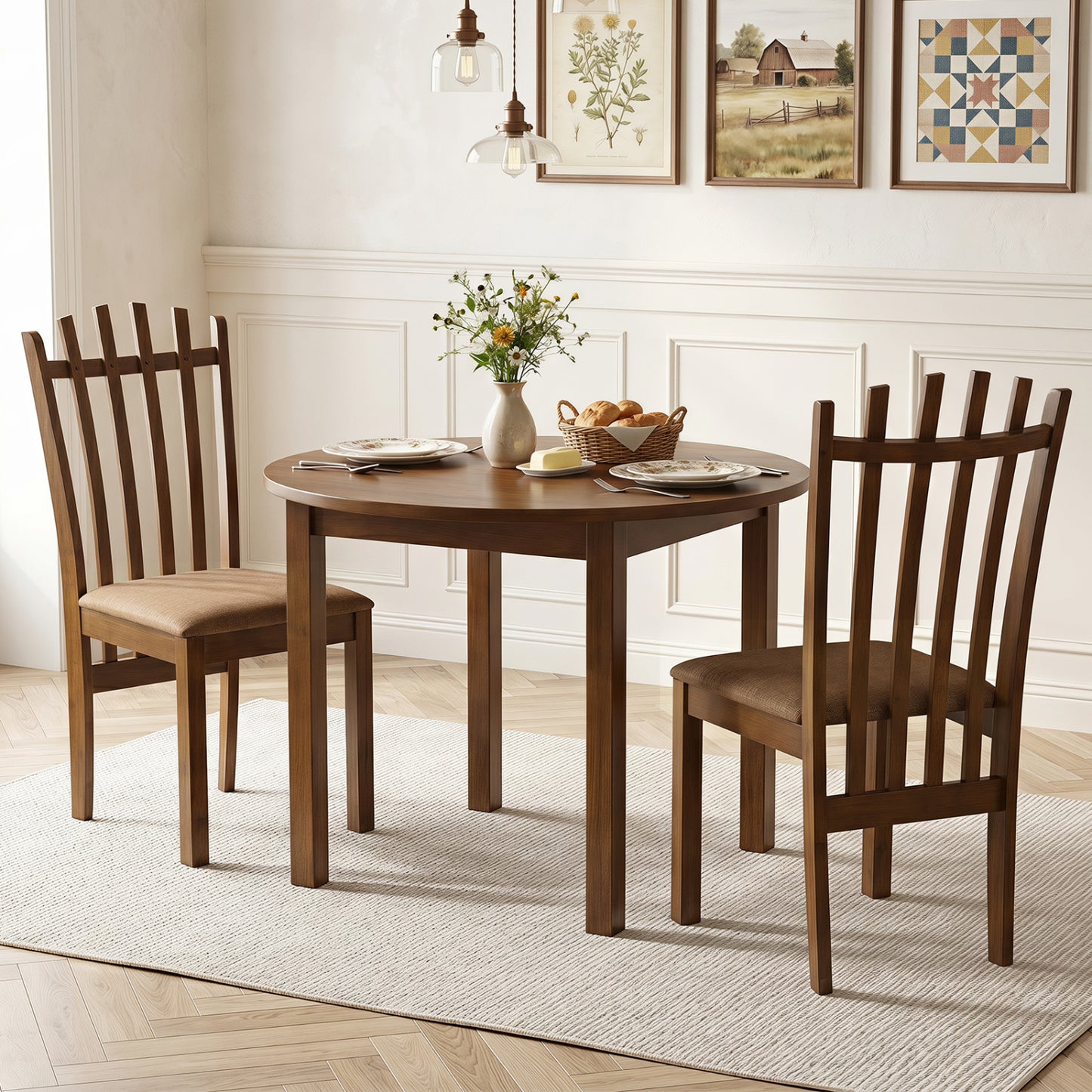 Rubber Wood Slat Back Kitchen Chairs, Set of 2, Brown
