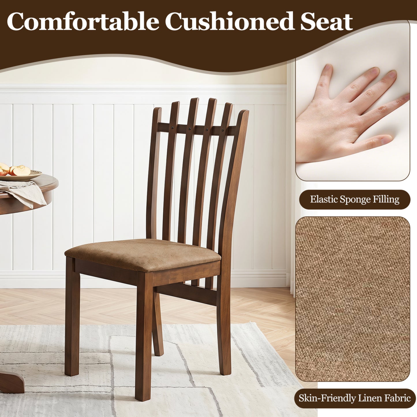 Rubber Wood Slat Back Kitchen Chairs, Set of 2, Brown