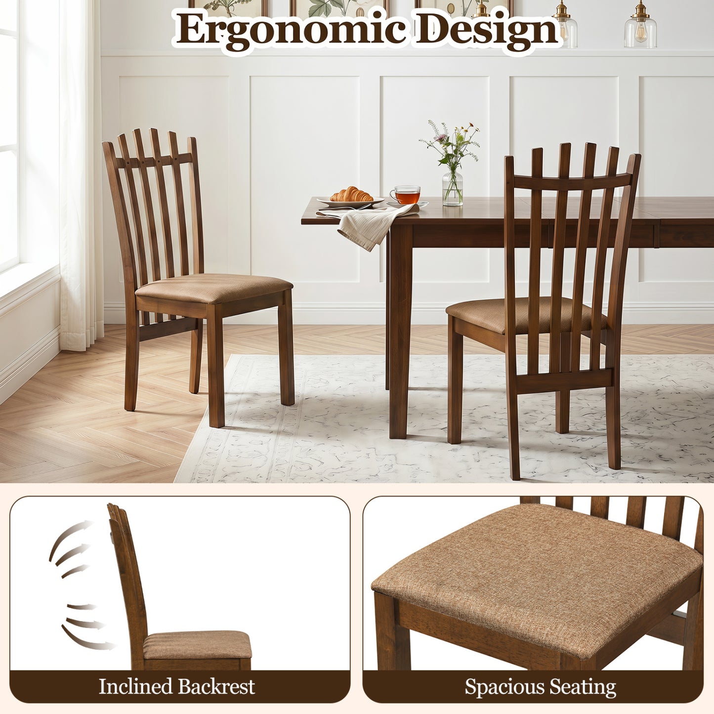 Rubber Wood Slat Back Kitchen Chairs, Set of 2, Brown
