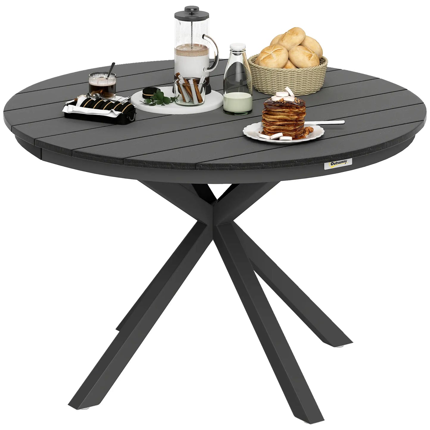 46.5" Round Outdoor Dining Table For 6, Slatted Top, Black Patio Dining Tables at Gallery Canada