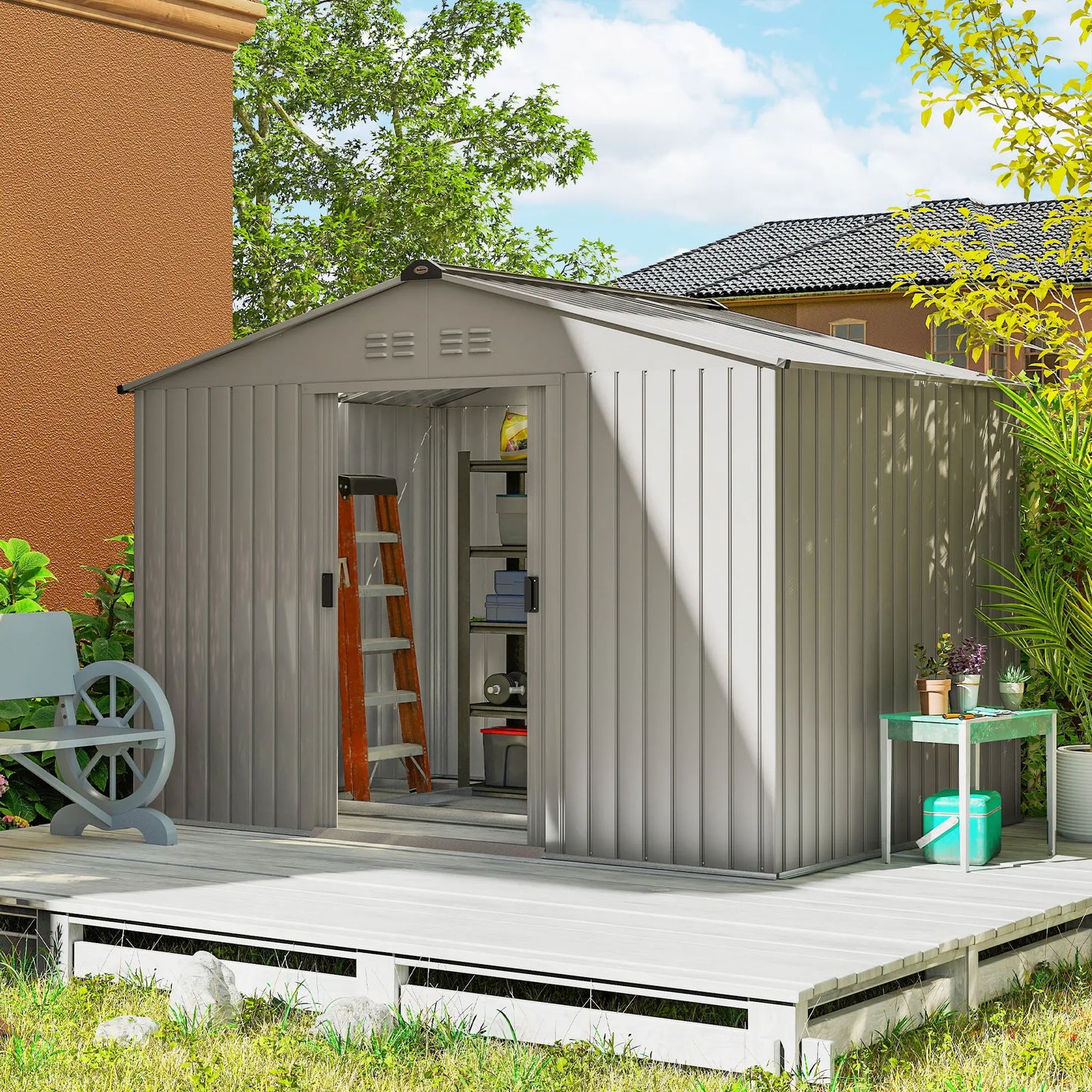 9.1' x 6.4' x 6.3' Garden Storage Shed with Foundation Kit, Double Doors, Grey Sheds at Gallery Canada
