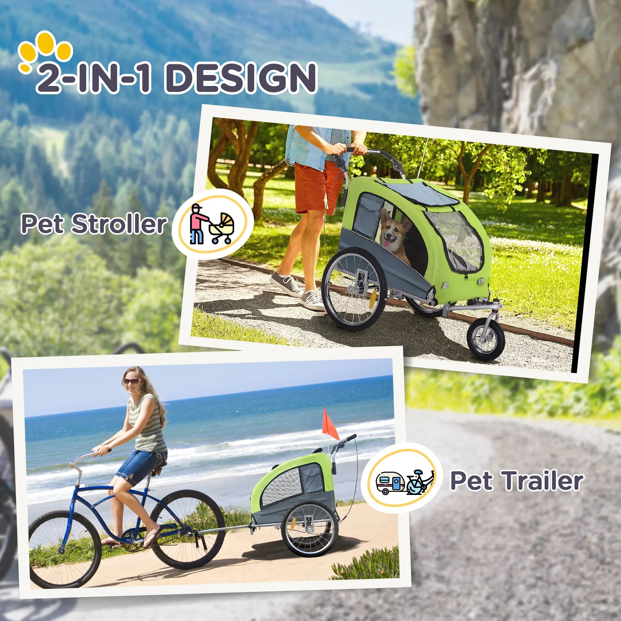 Dog Bike Trailer, 2-In-1, Suspension, Hitch, Storage Pockets, Green Dog Bike Trailers & Strollers at Gallery Canada