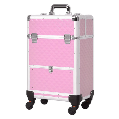 Portable Aluminum Makeup Train Case, Rolling Cosmetic Organizer, 4 Wheels, Pink