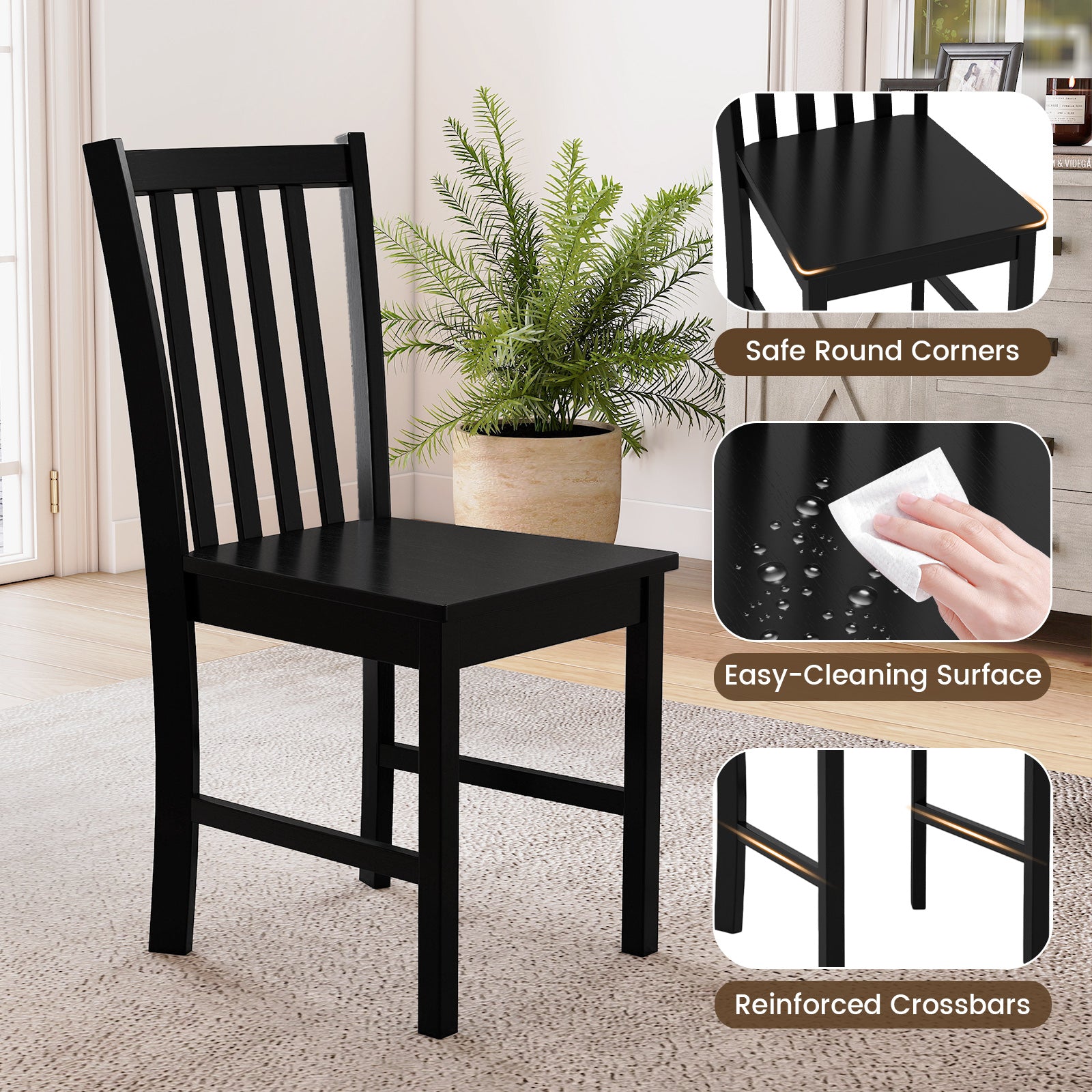 Rustic Dining Chairs Set of 2 Wooden Kitchen Chairs with Slat Tilt Backrest-black, Black Dining Chairs at Gallery Canada