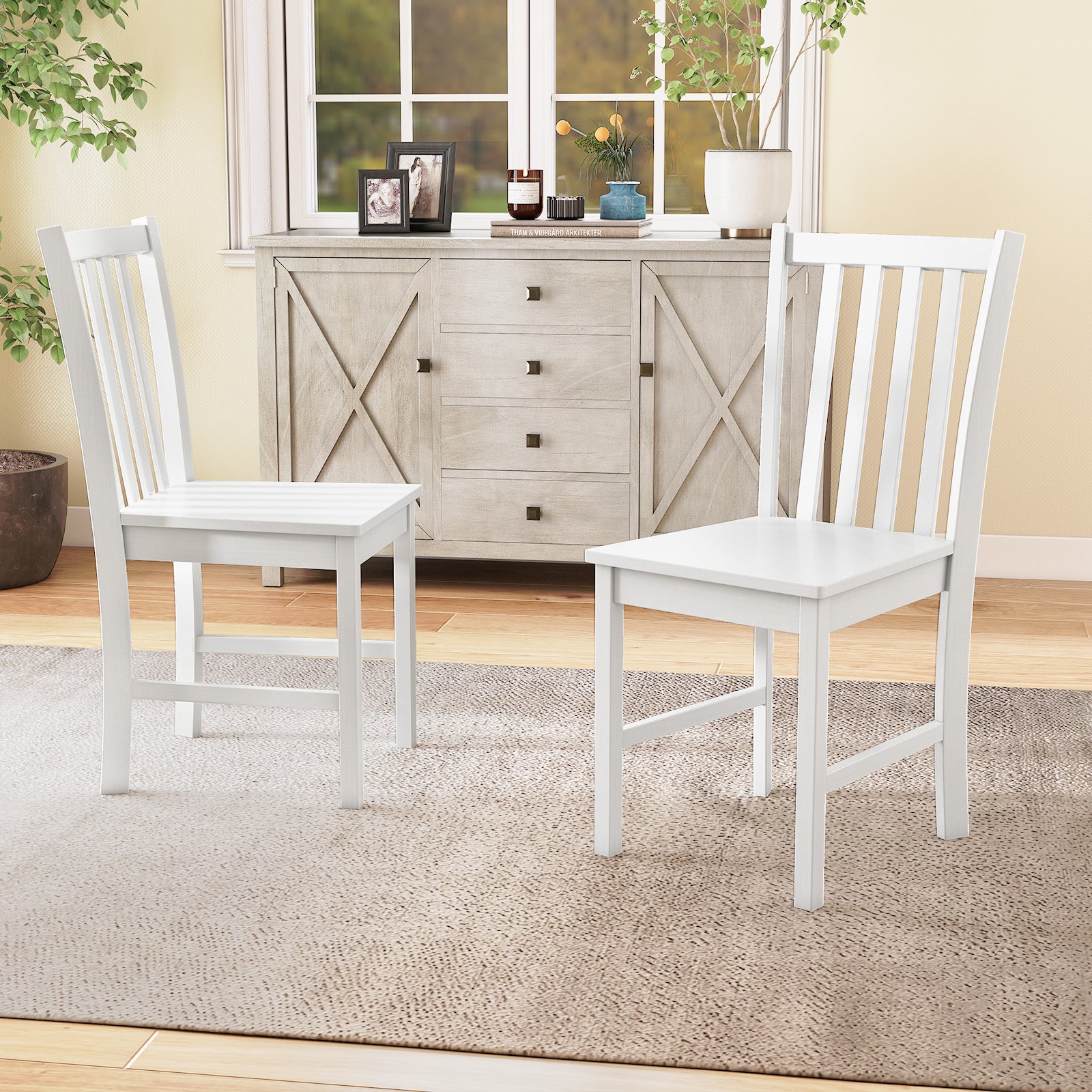 Rustic Dining Chairs Set of 2 Wooden Kitchen Chairs with Slat Tilt Backrest, White Dining Chairs at Gallery Canada