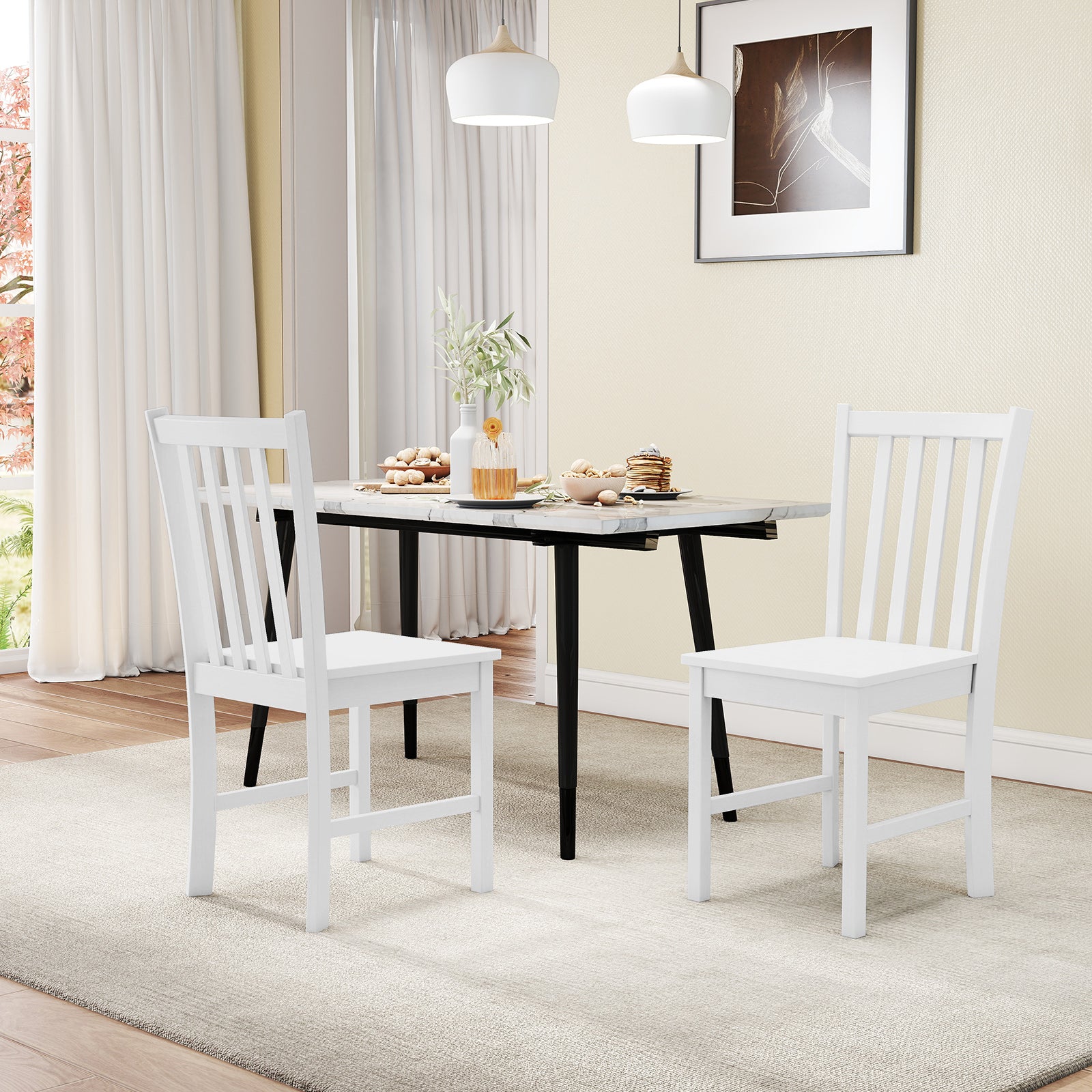 Rustic Dining Chairs Set of 2 Wooden Kitchen Chairs with Slat Tilt Backrest, White Dining Chairs at Gallery Canada
