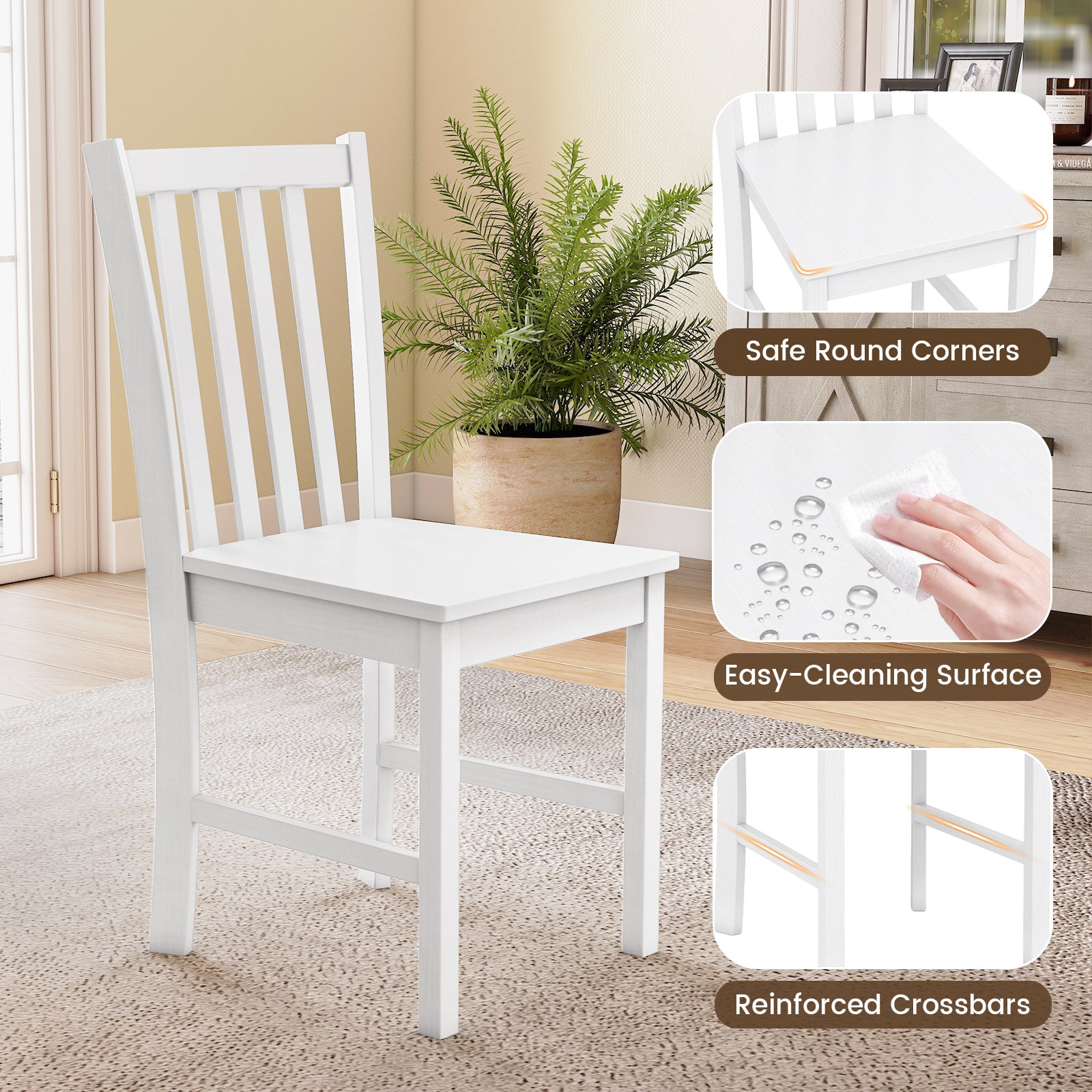 Rustic Dining Chairs Set of 2 Wooden Kitchen Chairs with Slat Tilt Backrest, White Dining Chairs at Gallery Canada