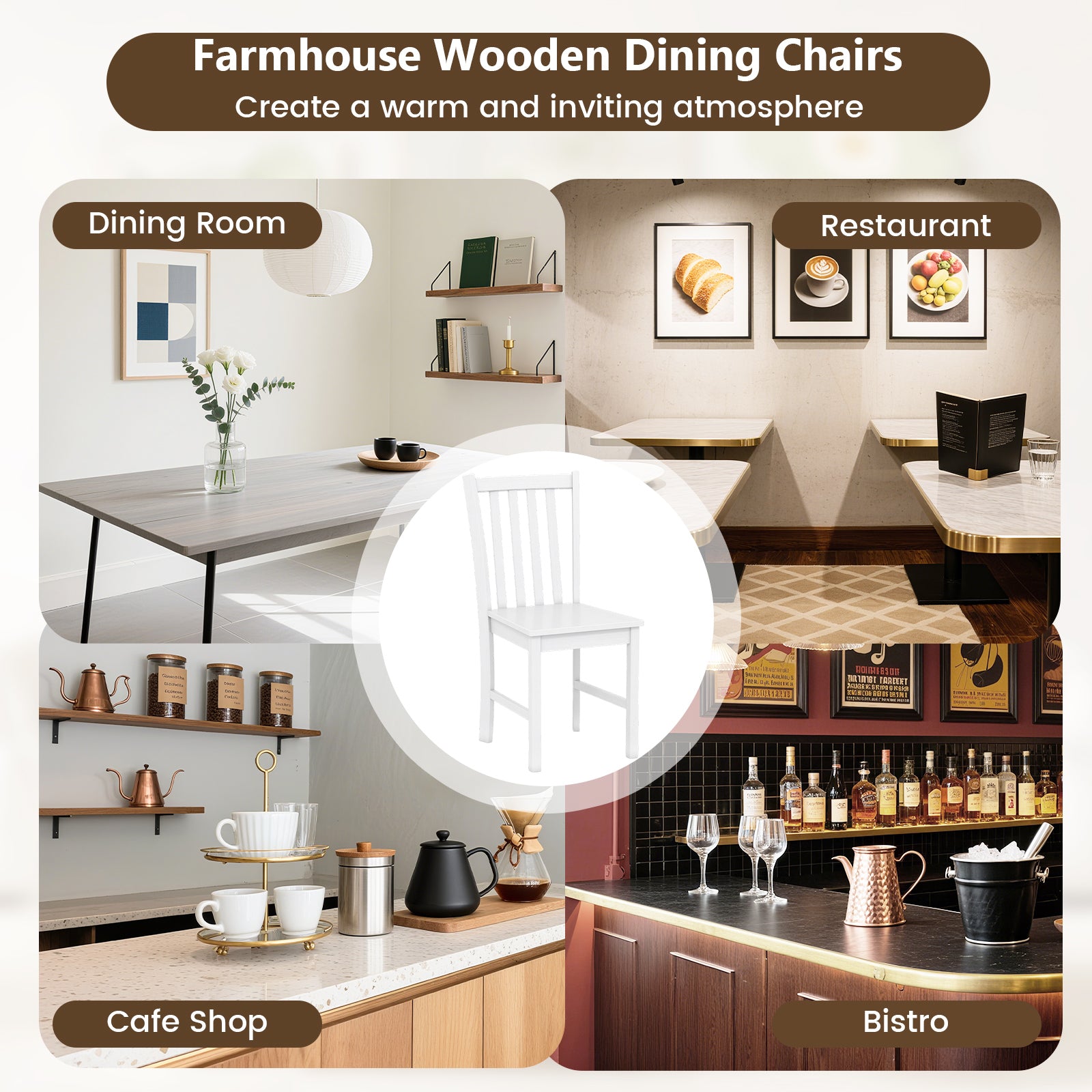 Rustic Dining Chairs Set of 2 Wooden Kitchen Chairs with Slat Tilt Backrest, White Dining Chairs at Gallery Canada