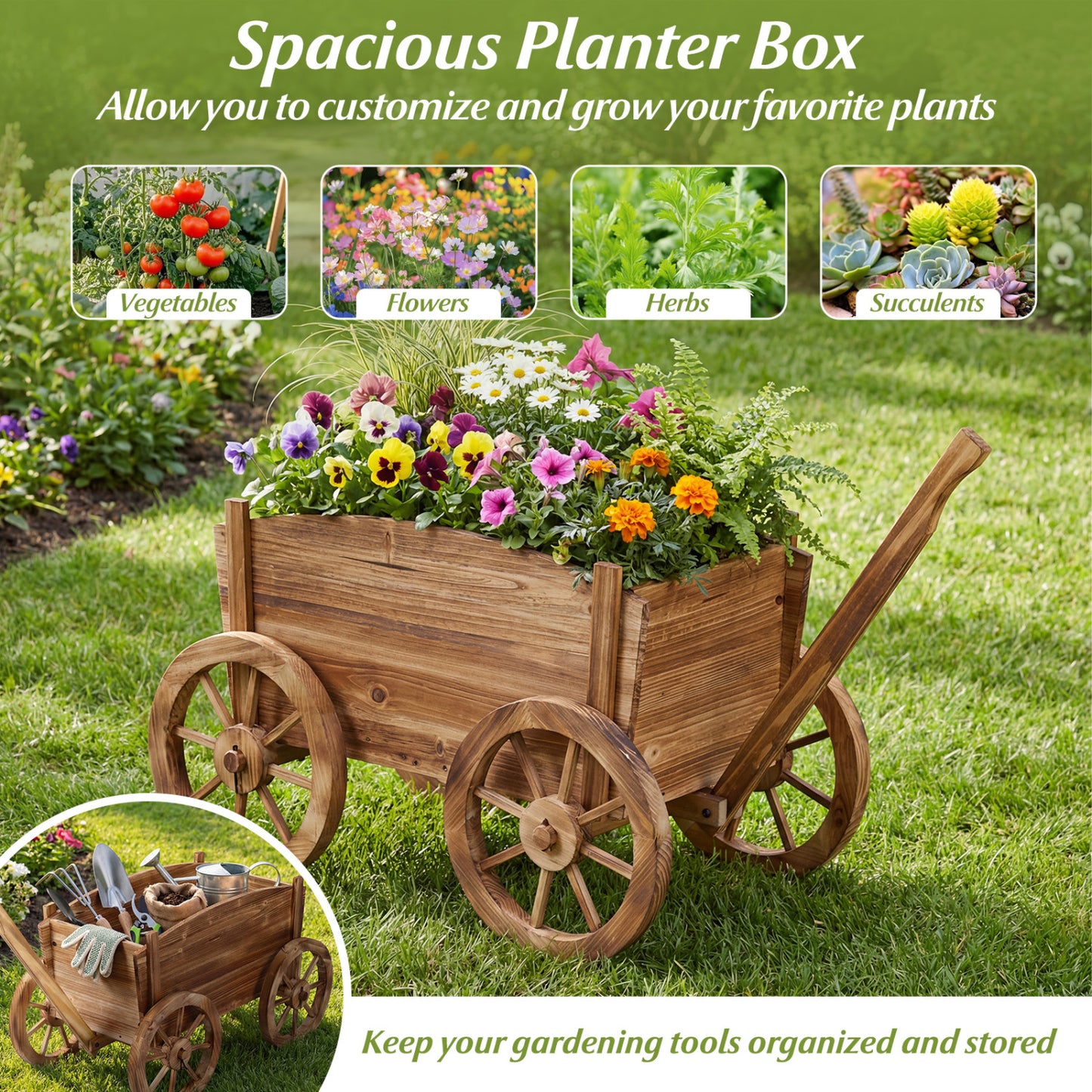 Rustic Rolling Flower Pot Stand with Wheels and Handle, Coffee Raised Garden Beds at Gallery Canada