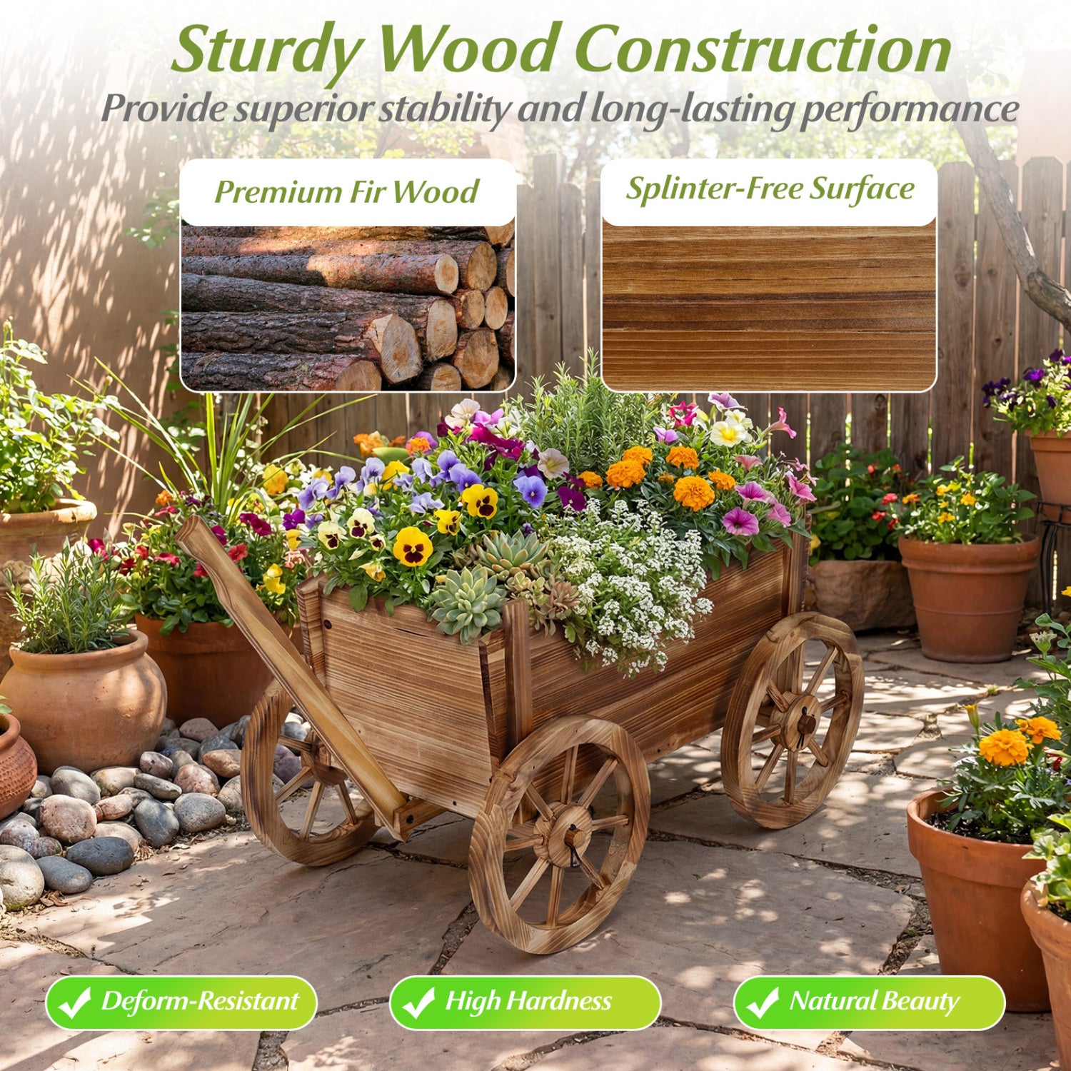 Rustic Rolling Flower Pot Stand with Wheels and Handle, Coffee Raised Garden Beds at Gallery Canada