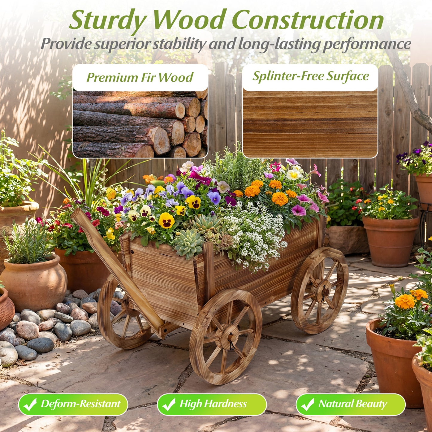 Rustic Rolling Flower Pot Stand with Wheels and Handle, Coffee Raised Garden Beds at Gallery Canada