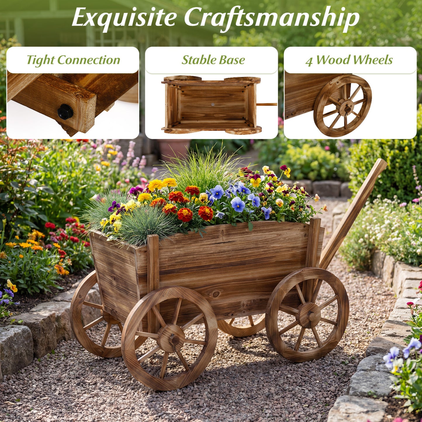 Rustic Rolling Flower Pot Stand with Wheels and Handle, Coffee Raised Garden Beds at Gallery Canada
