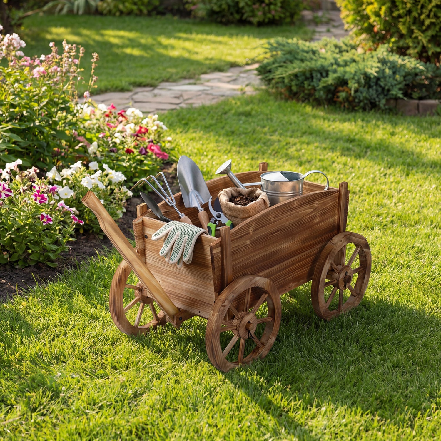 Rustic Rolling Flower Pot Stand with Wheels and Handle, Coffee Raised Garden Beds at Gallery Canada