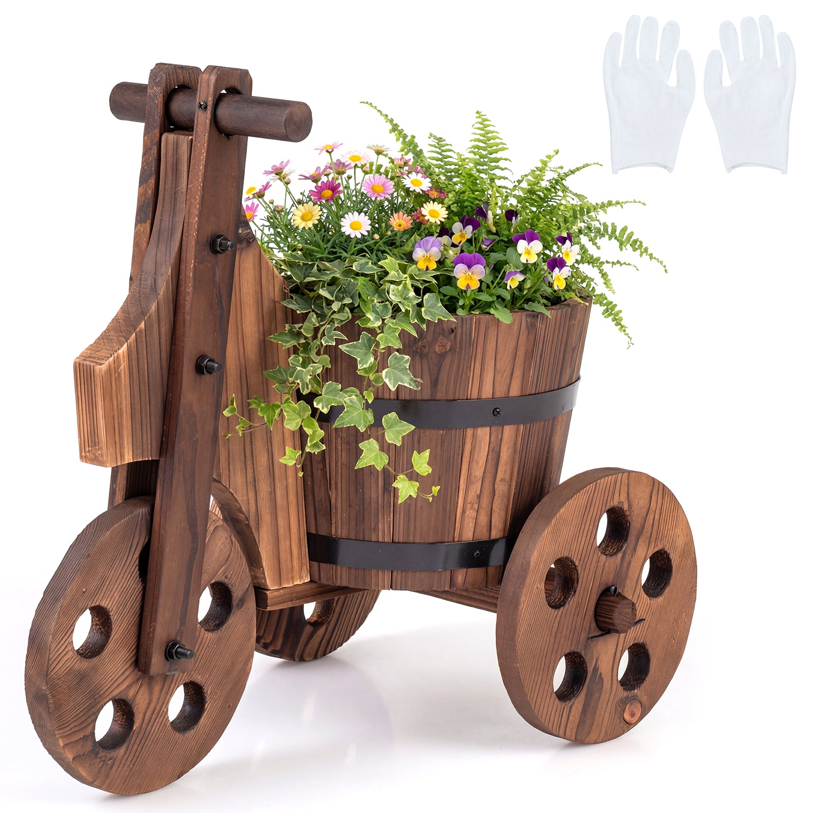 Rustic Wood Tricycle Planter Barrel Flower Pot Cart with Drainage Hole, Coffee Raised Garden Beds Coffee at Gallery Canada