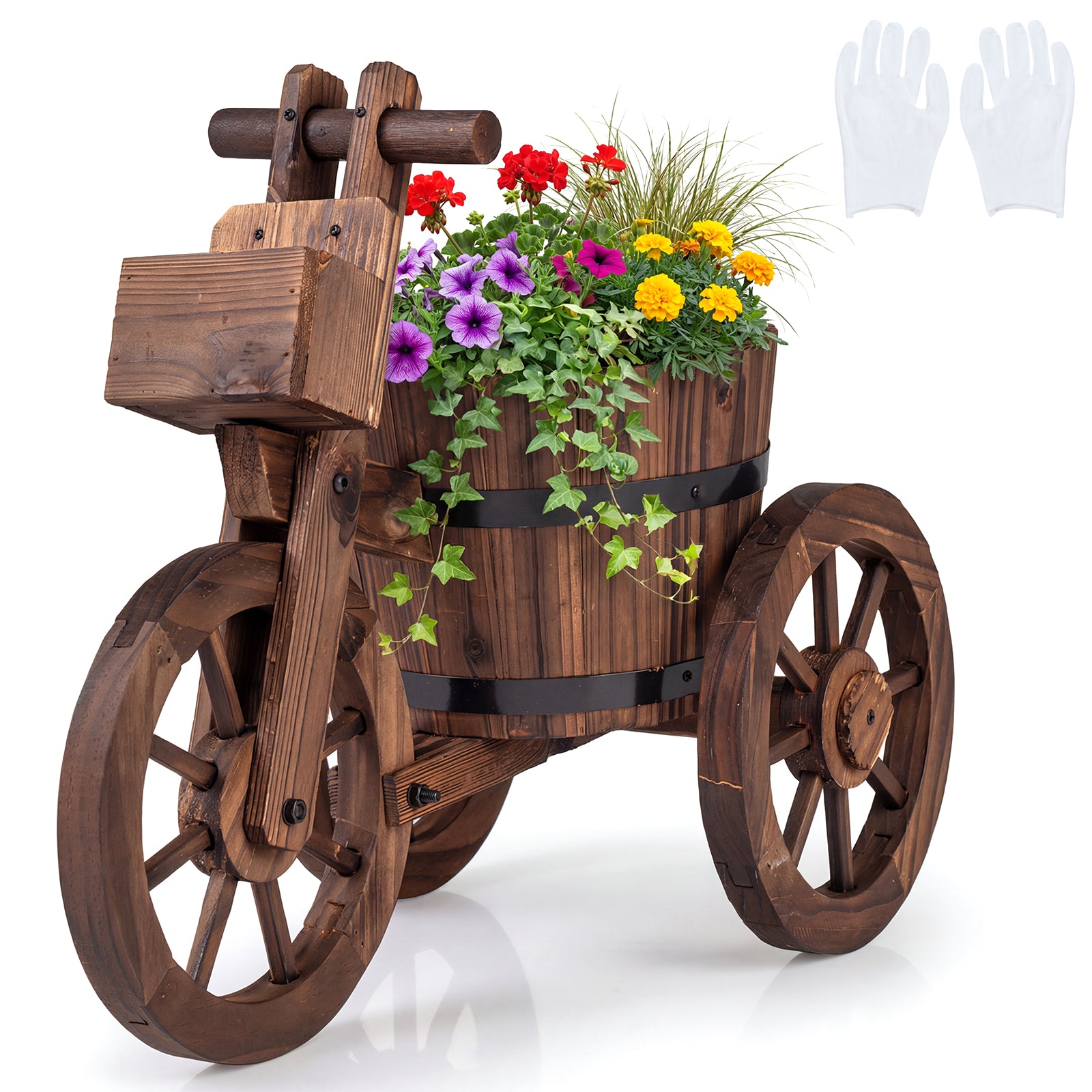 Rustic Wood Tricycle Planter with Wheels and Storage Box, Coffee Raised Garden Beds Coffee at Gallery Canada