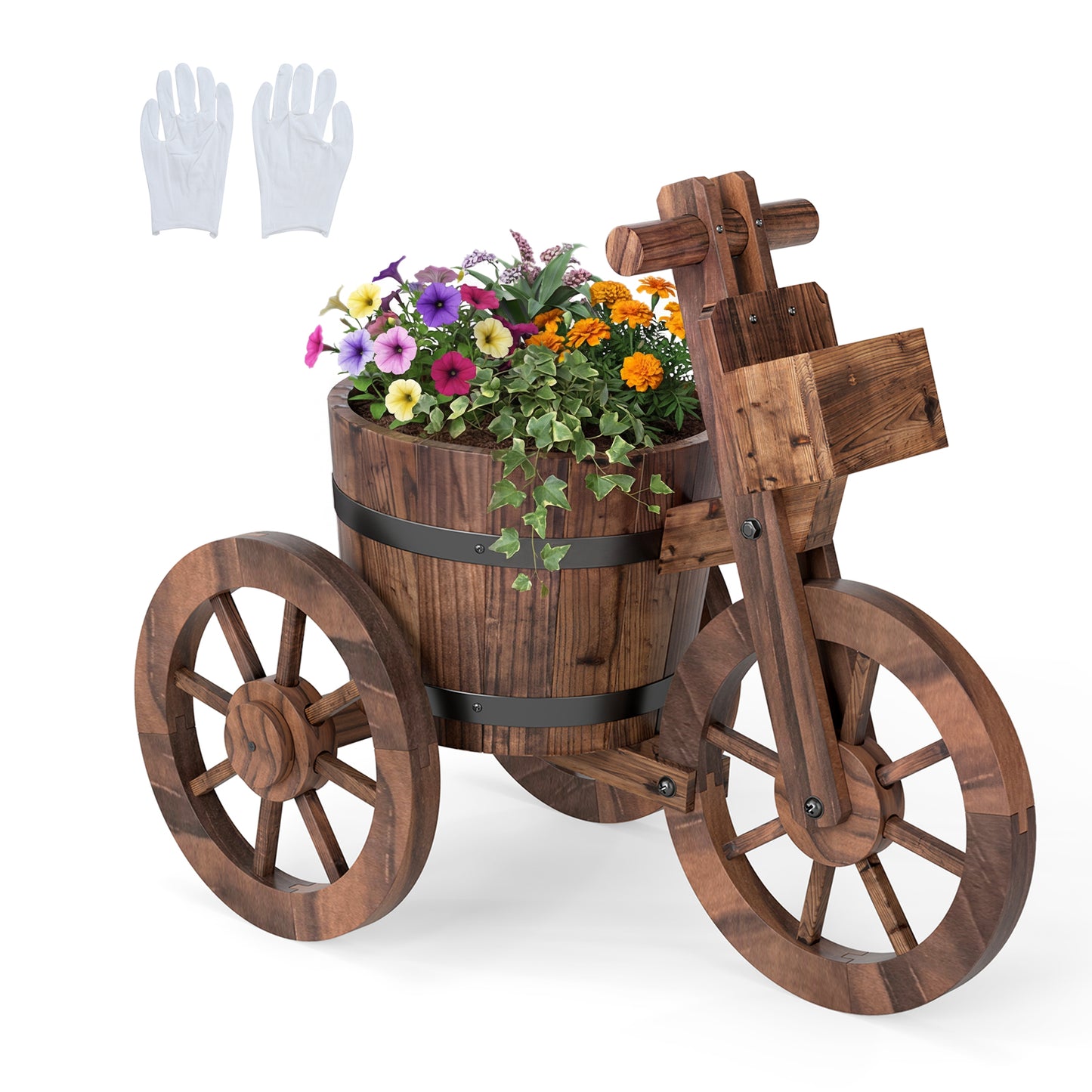 Rustic Wood Tricycle Planter with Wheels and Storage Box, Coffee Raised Garden Beds at Gallery Canada