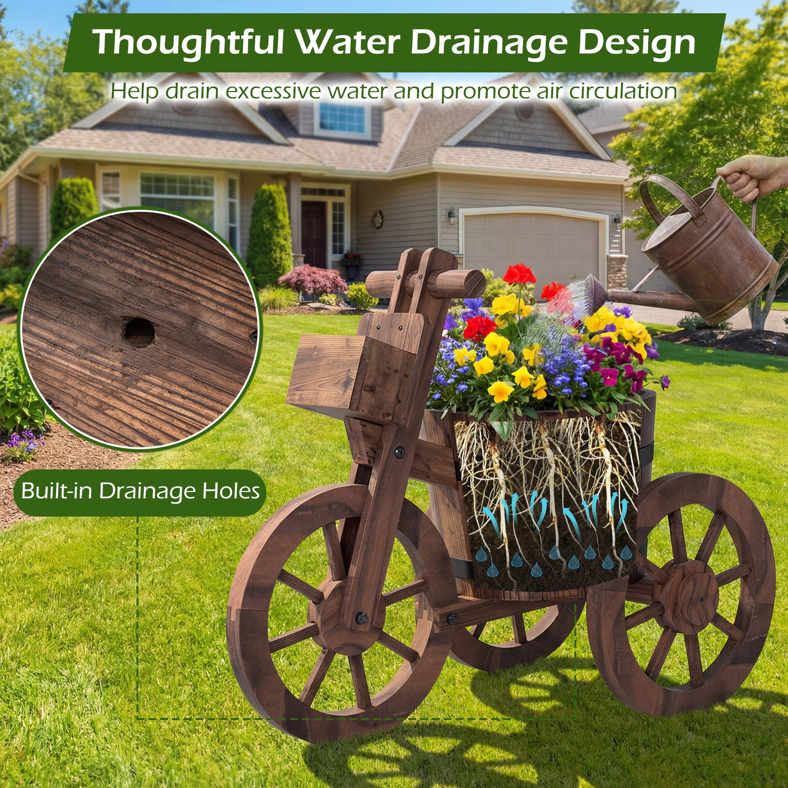 Rustic Wood Tricycle Planter with Wheels and Storage Box, Coffee Raised Garden Beds at Gallery Canada